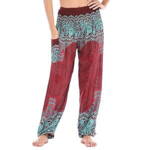 Boho Harem Pants Smocked Waist Hippie Yoga Gypsy Mandala Rayon Maroon Teal‎
